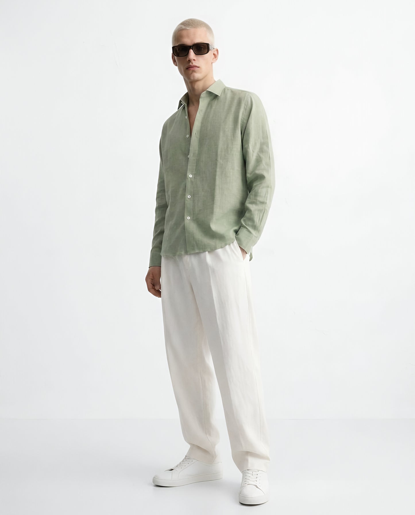 LUXE COTTON LINEN SHIRT - OLIVE GREEN