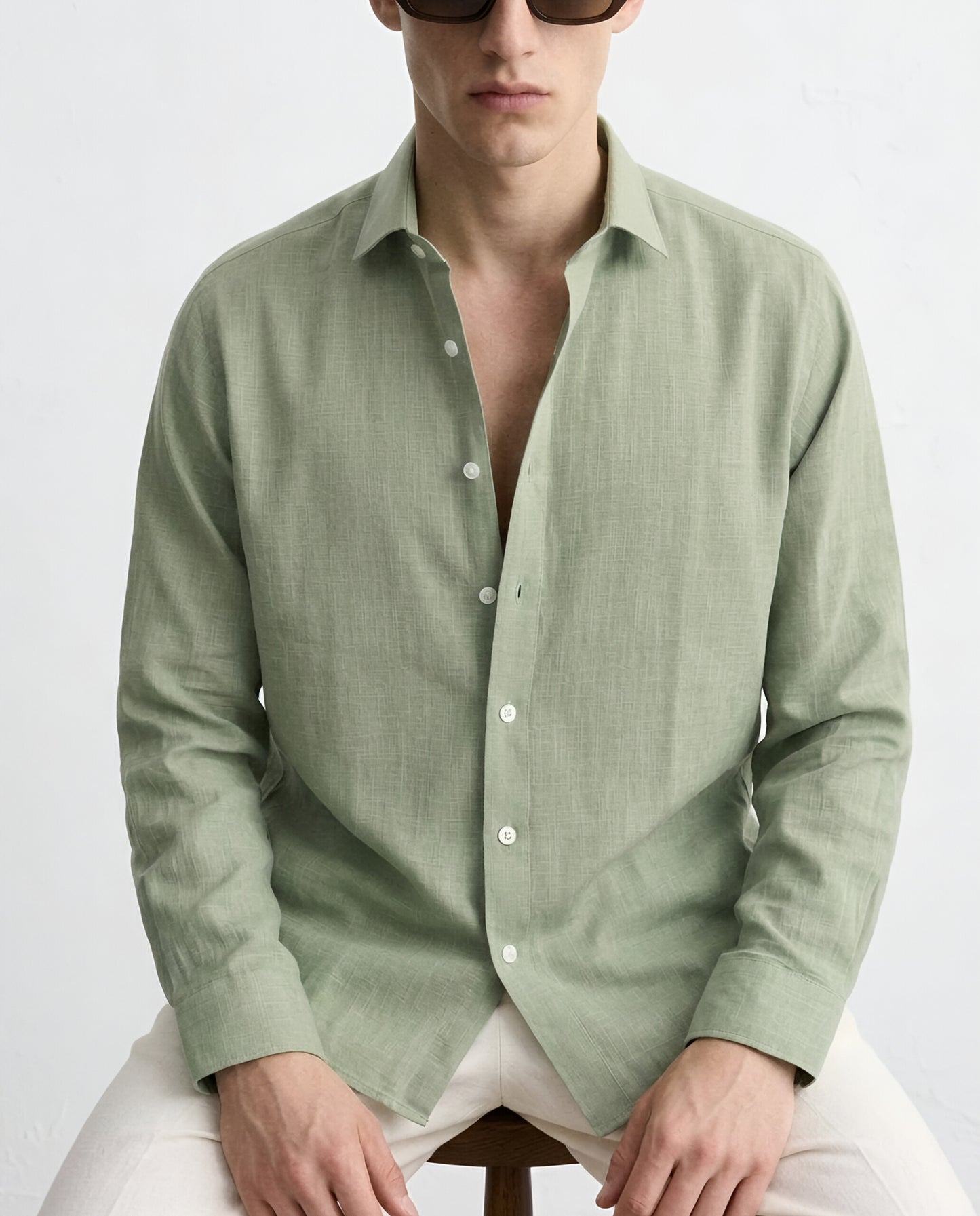 LUXE COTTON LINEN SHIRT - OLIVE GREEN