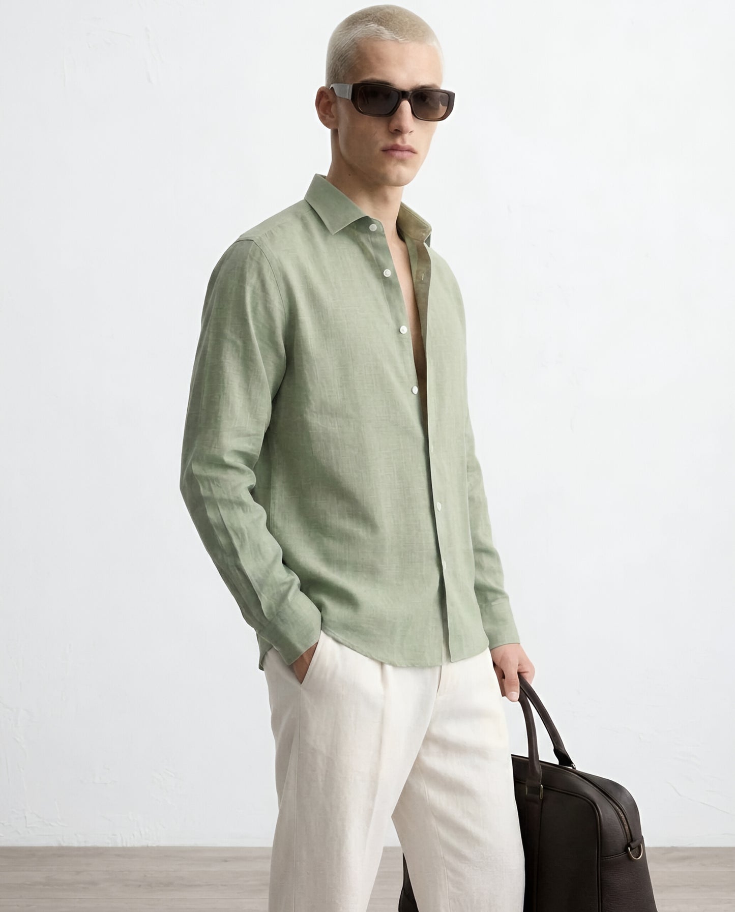 LUXE COTTON LINEN SHIRT - OLIVE GREEN