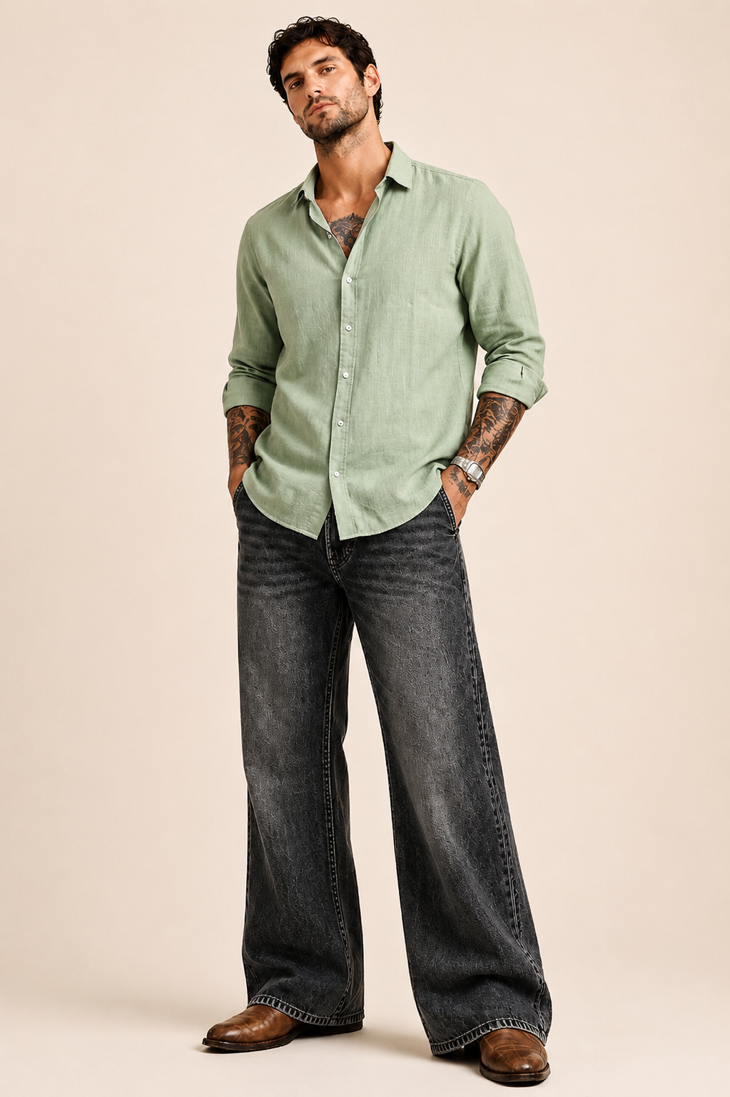 VAREK LUXE COTTON LINEN SHIRTS - OLIVE GREEN