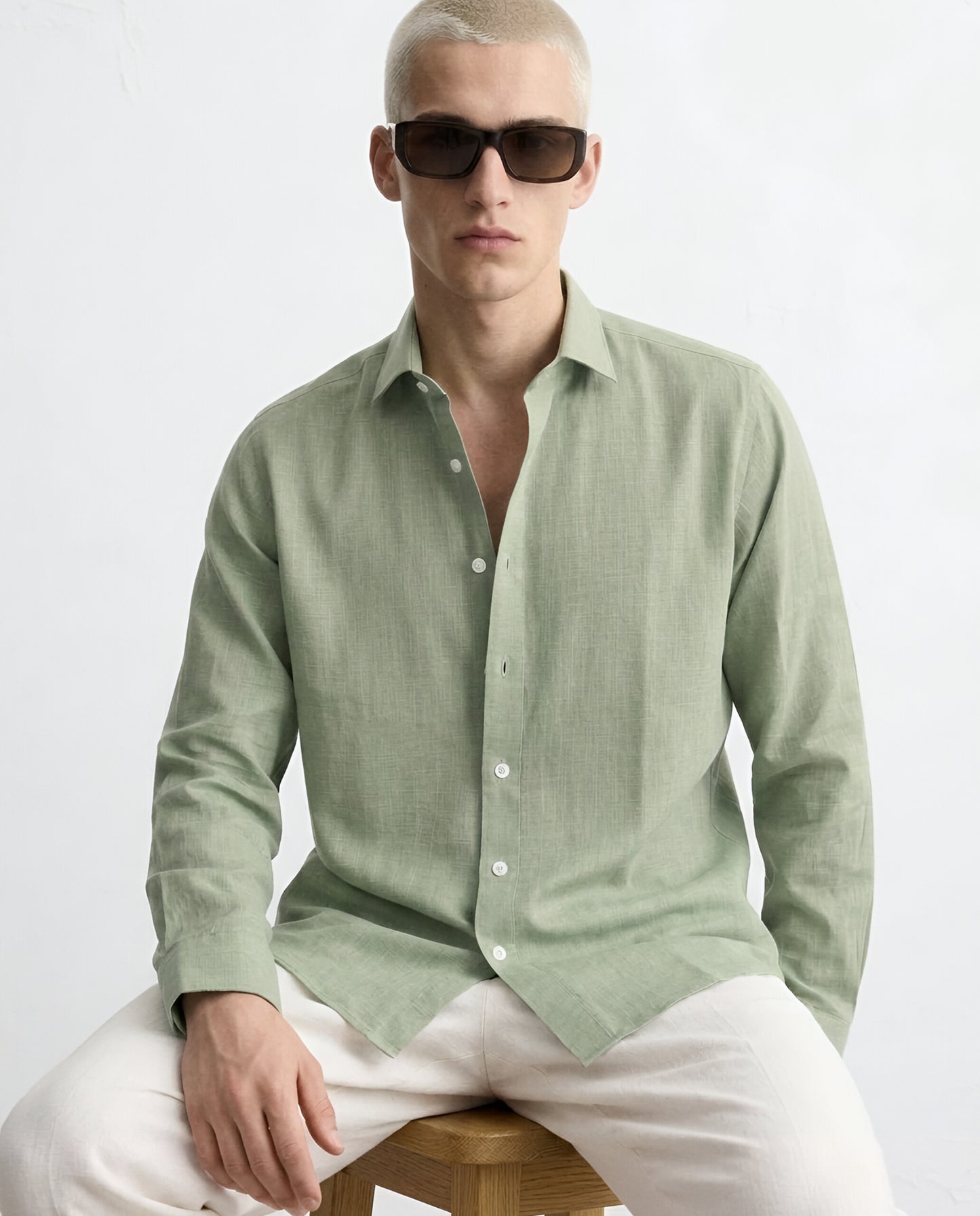 LUXE COTTON LINEN SHIRT - OLIVE GREEN