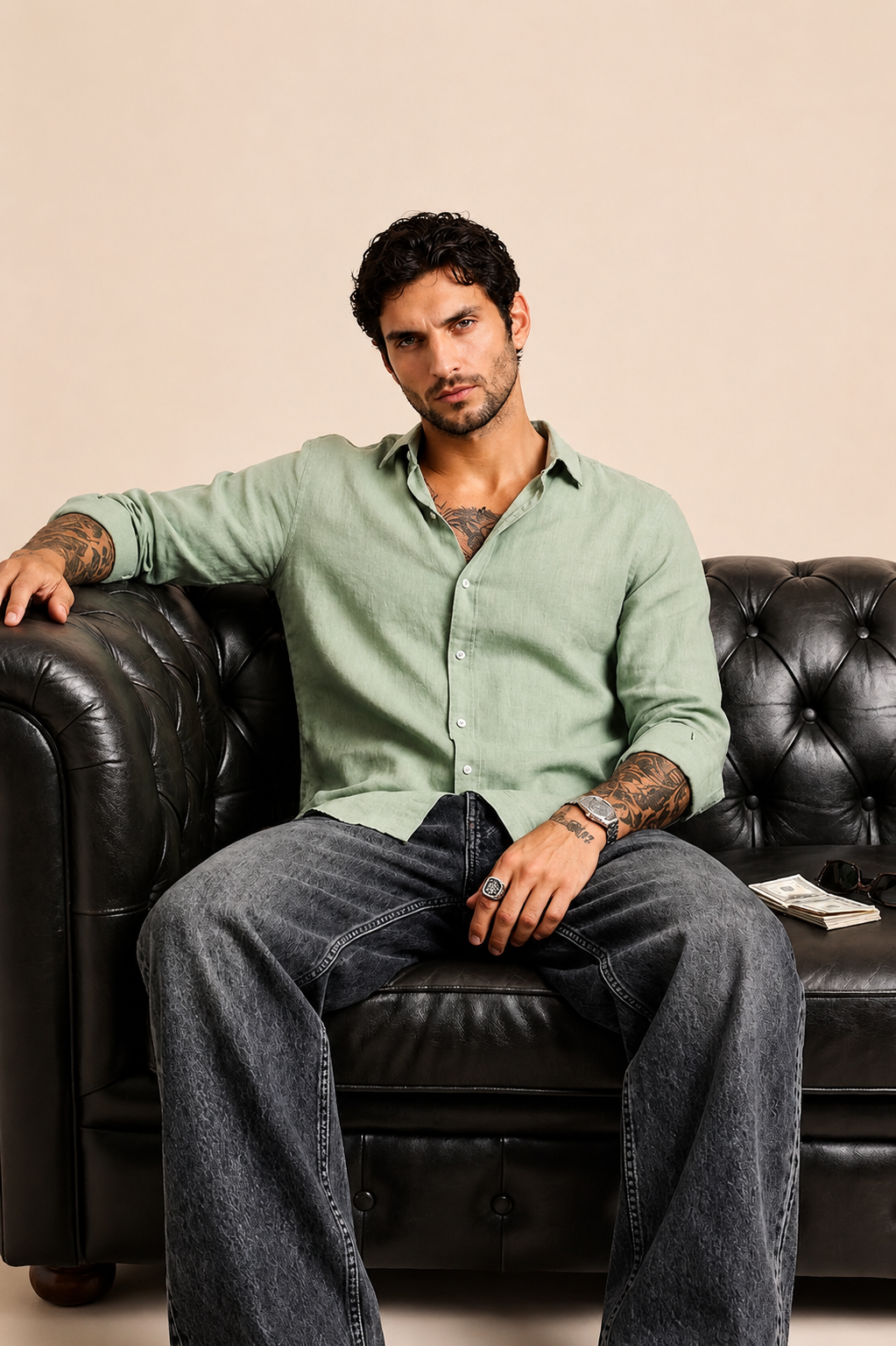 VAREK LUXE COTTON LINEN SHIRTS - OLIVE GREEN