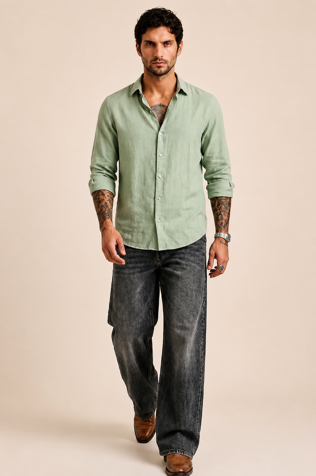 VAREK LUXE COTTON LINEN SHIRTS - OLIVE GREEN