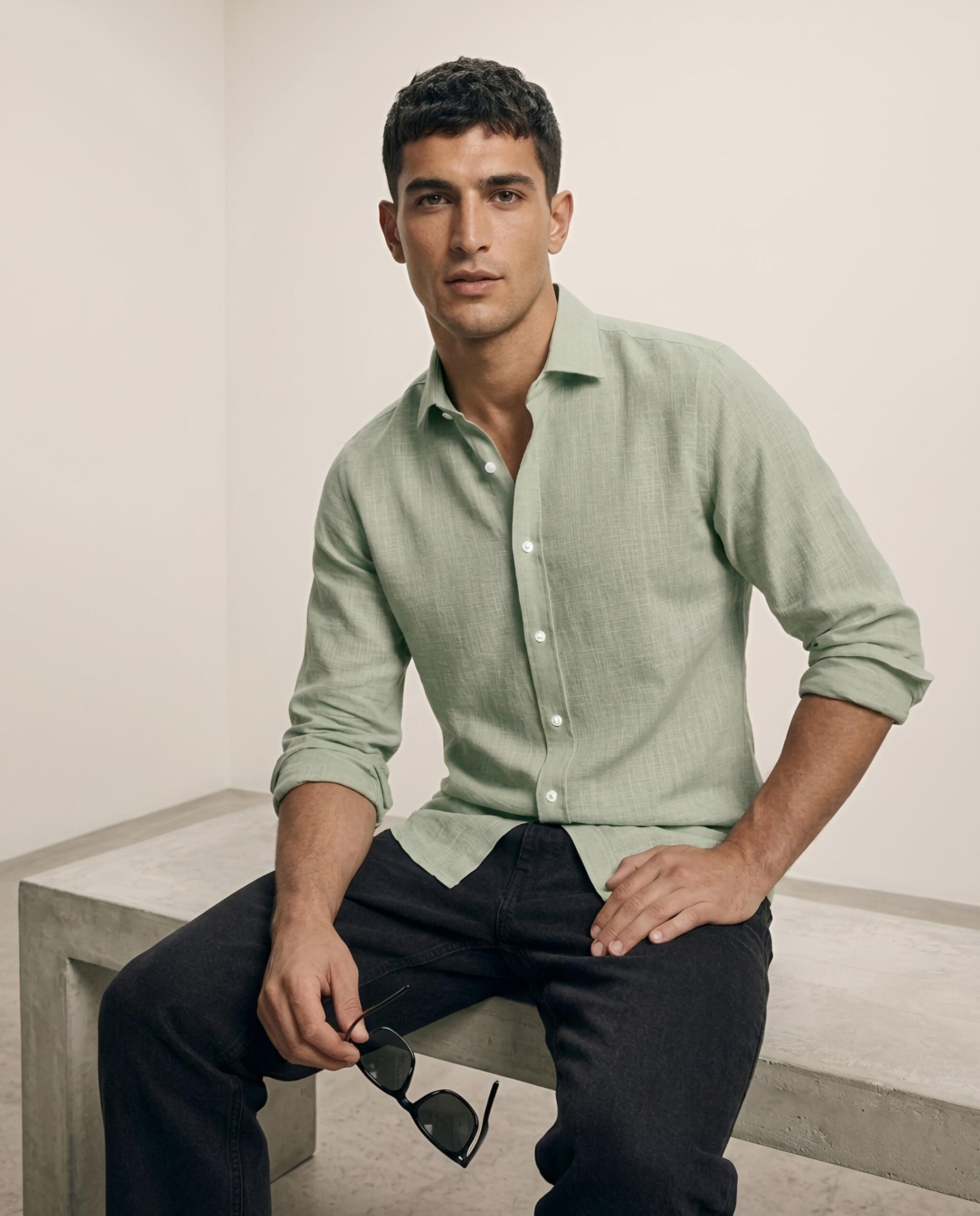 VAREK LUXE COTTON LINEN SHIRTS - OLIVE GREEN