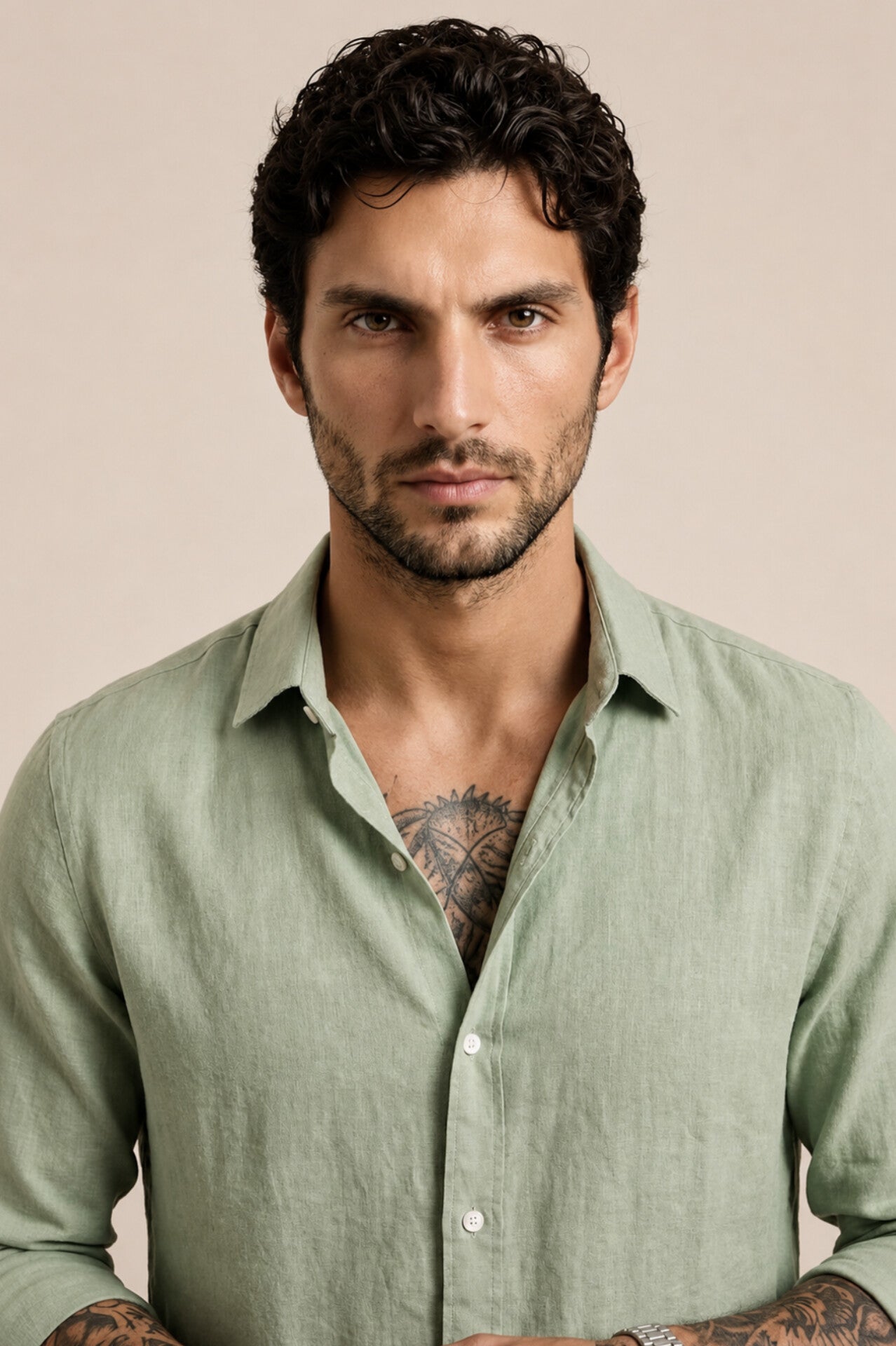VAREK LUXE COTTON LINEN SHIRTS - OLIVE GREEN